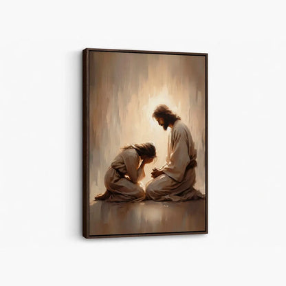 Jesus Weeps With You Christian canvas art showing Jesus comforting a grieving woman
