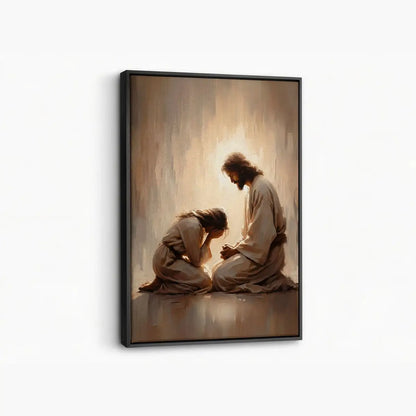 Jesus Weeps With You Christian canvas art showing Jesus comforting a grieving woman