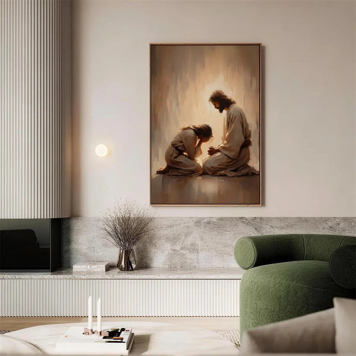 Jesus Weeps With You Christian canvas art showing Jesus comforting a grieving woman