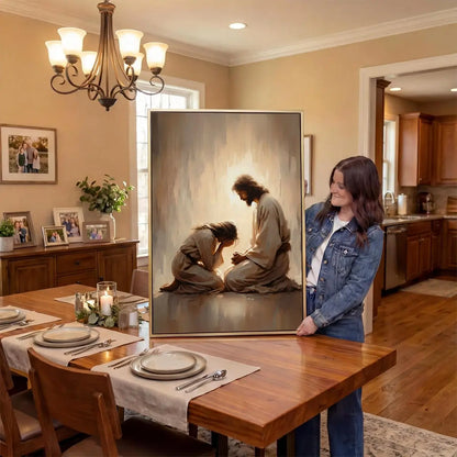 Jesus Weeps With You Christian canvas art showing Jesus comforting a grieving woman