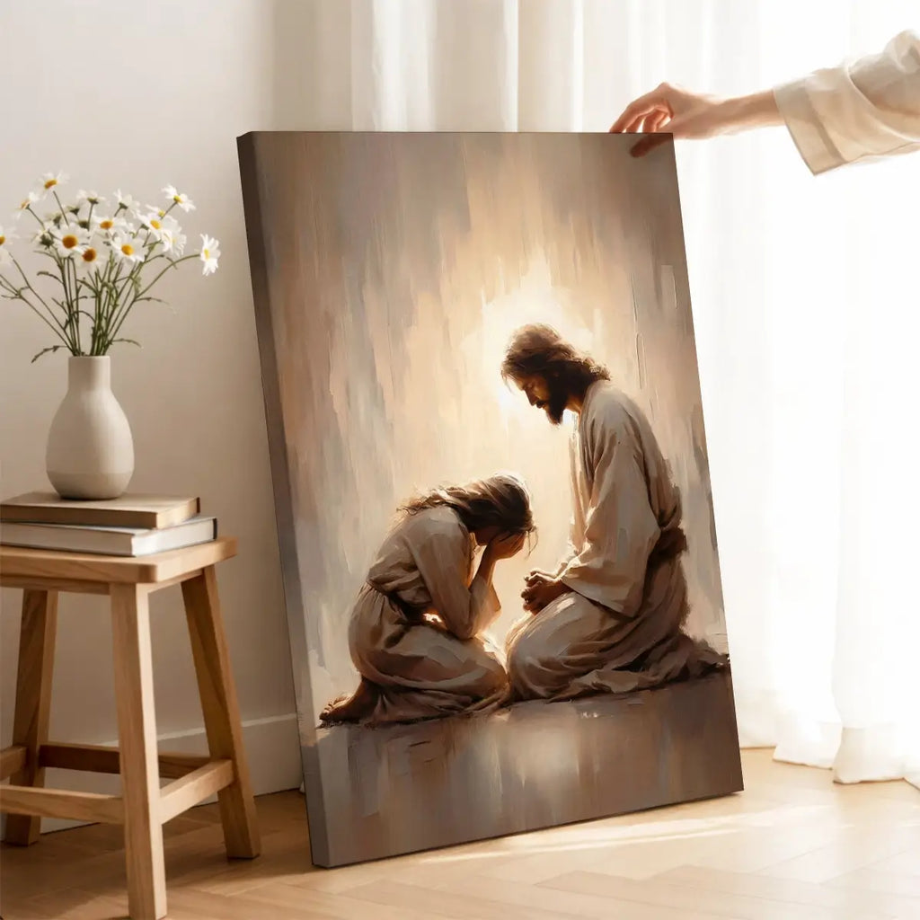 Jesus Weeps With You Christian canvas art showing Jesus comforting a grieving woman