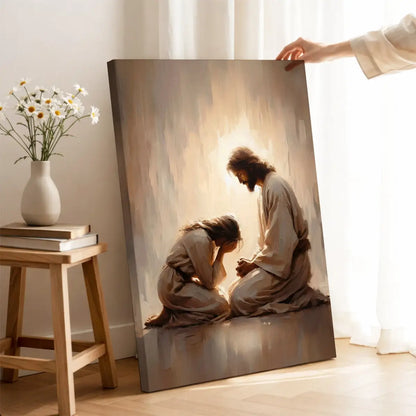 Jesus Weeps With You Christian canvas art showing Jesus comforting a grieving woman