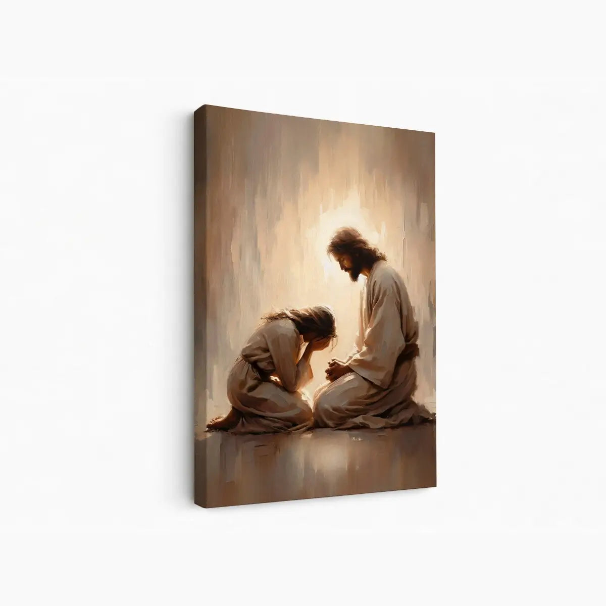 Jesus Weeps With You Christian canvas art showing Jesus comforting a grieving woman