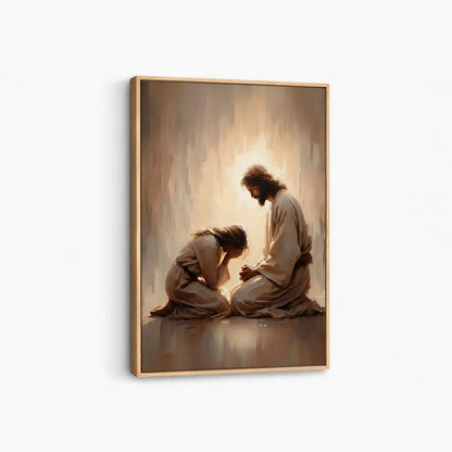 Jesus Weeps With You Christian canvas art showing Jesus comforting a grieving woman
