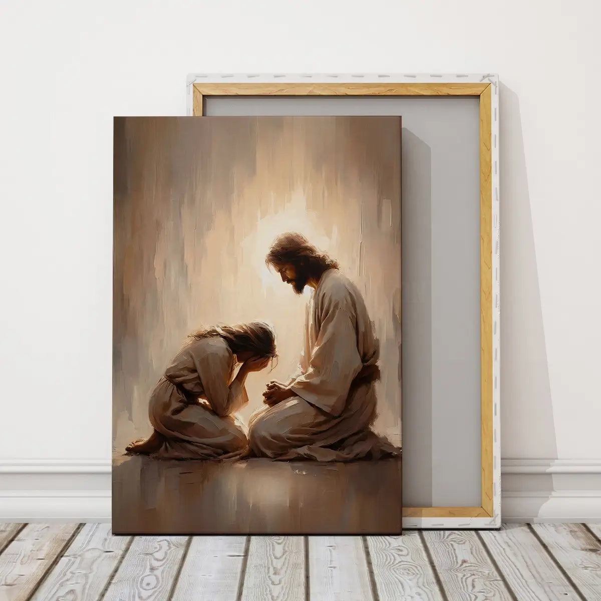 Jesus Weeps With You Christian canvas art showing Jesus comforting a grieving woman