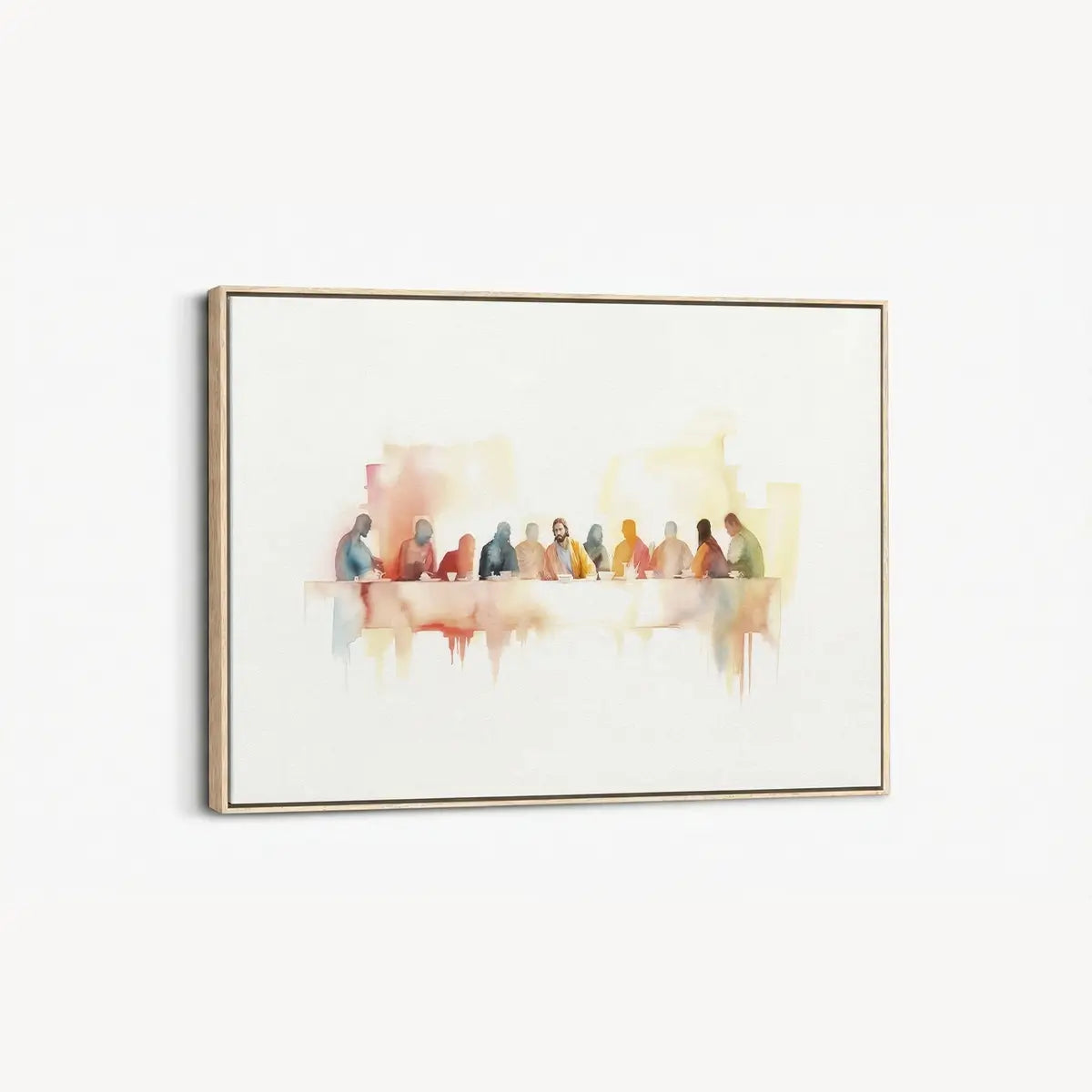 Modern watercolor Last Supper Christian canvas wall art leaning against wall in minimalist interior