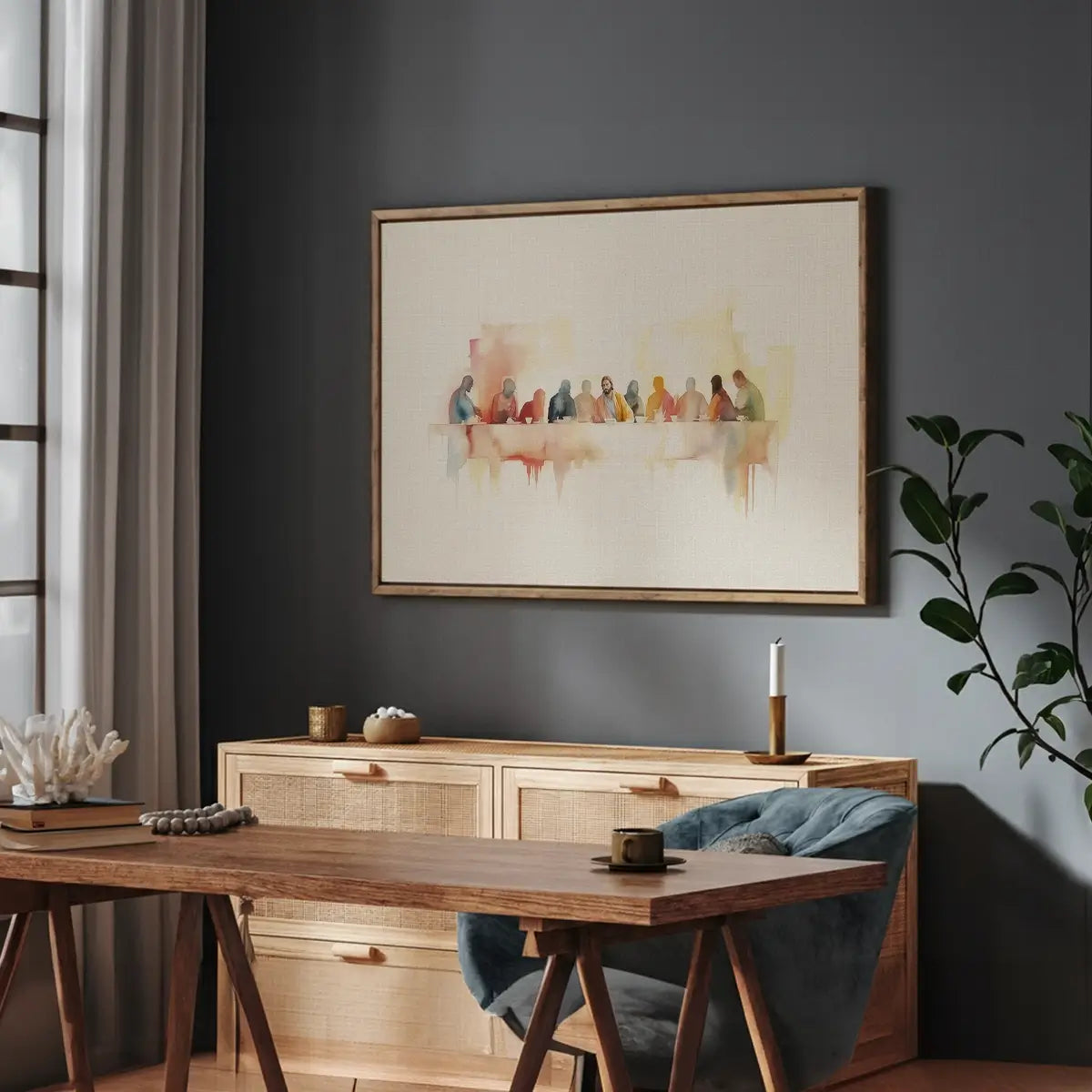 Modern Christian wall art canvas displayed in bright living room