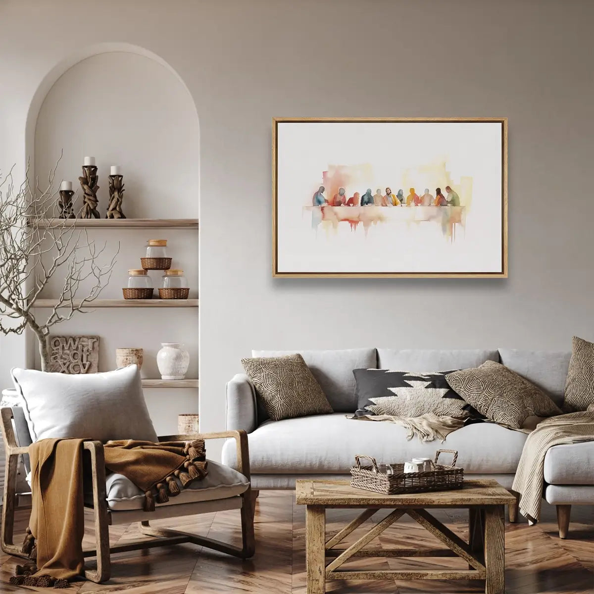 Modern watercolor Last Supper Christian canvas wall art leaning against wall in minimalist interior