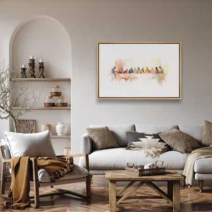 Modern watercolor Last Supper Christian canvas wall art leaning against wall in minimalist interior