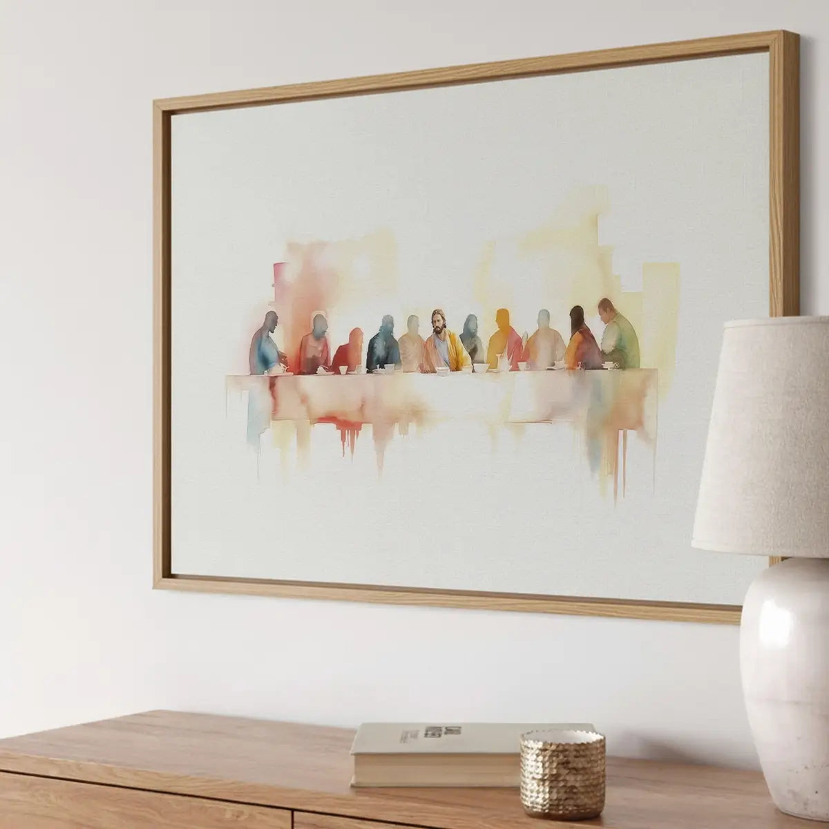 Modern watercolor Last Supper Christian canvas wall art leaning against wall in minimalist interior