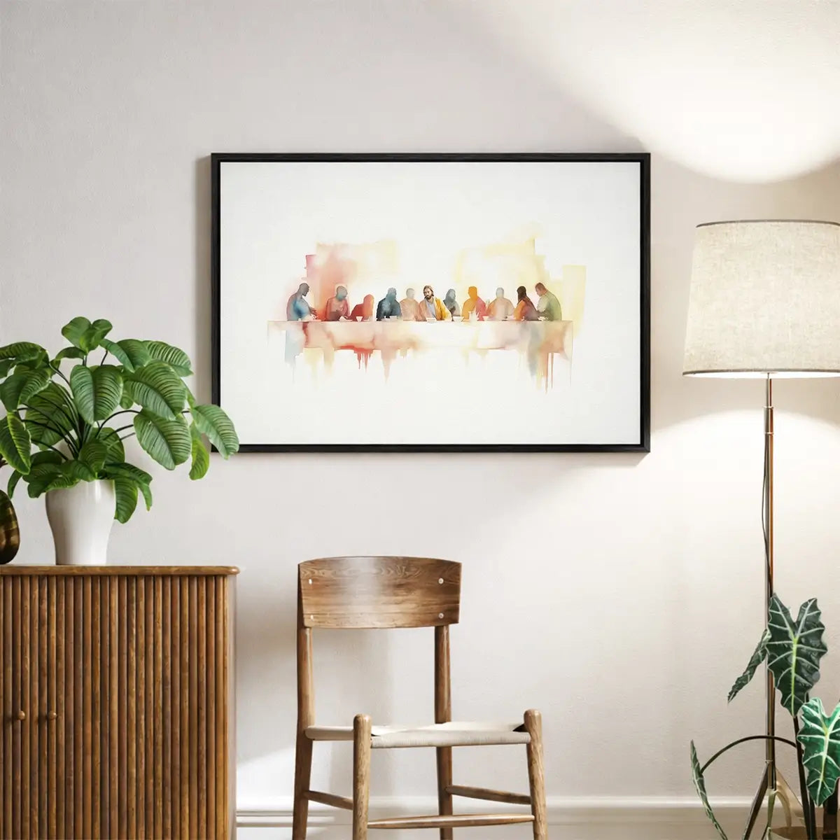 Modern watercolor Last Supper Christian canvas wall art leaning against wall in minimalist interior