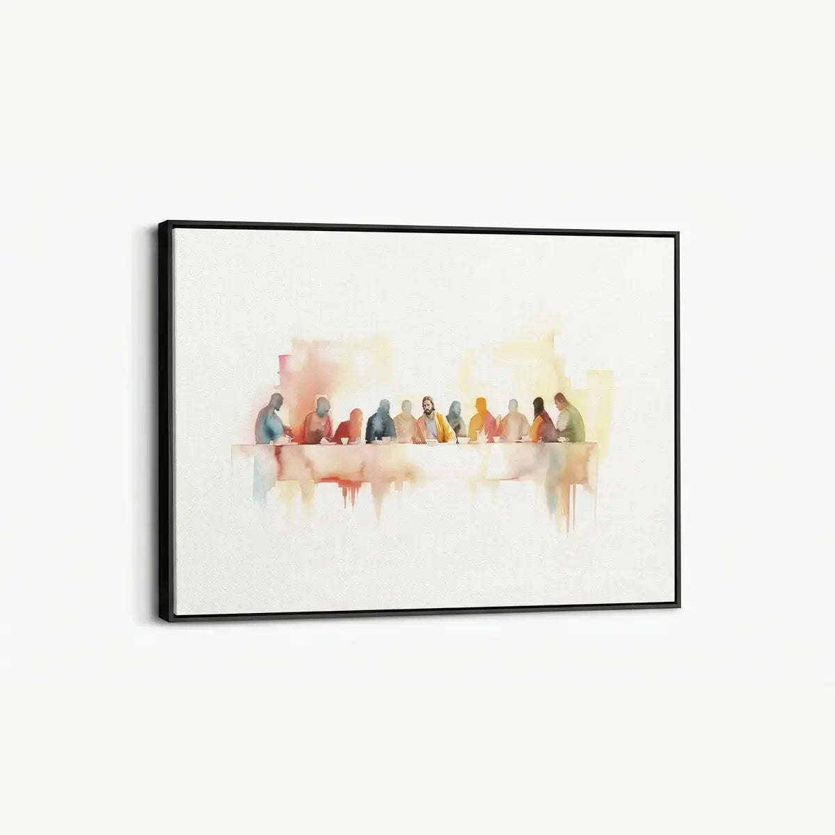 Modern watercolor Last Supper Christian canvas wall art leaning against wall in minimalist interior