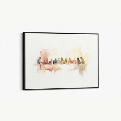 Modern watercolor Last Supper Christian canvas wall art leaning against wall in minimalist interior