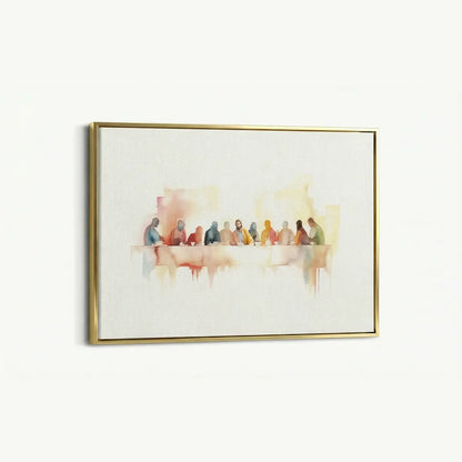 Modern watercolor Last Supper Christian canvas wall art leaning against wall in minimalist interior