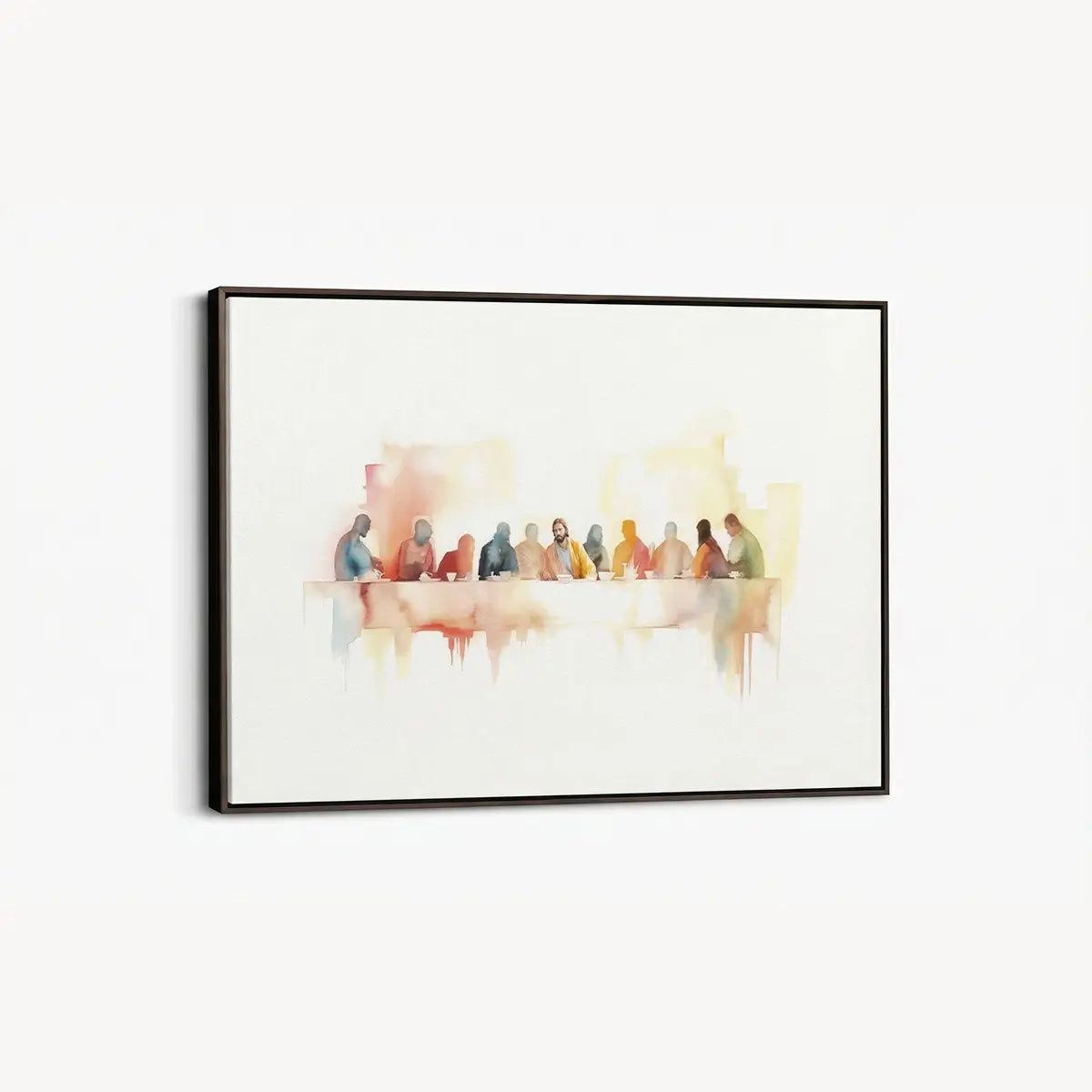 Modern watercolor Last Supper Christian canvas wall art leaning against wall in minimalist interior