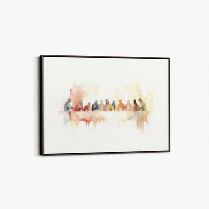 Modern watercolor Last Supper Christian canvas wall art leaning against wall in minimalist interior
