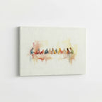 Modern watercolor Last Supper Christian canvas wall art leaning against wall in minimalist interior