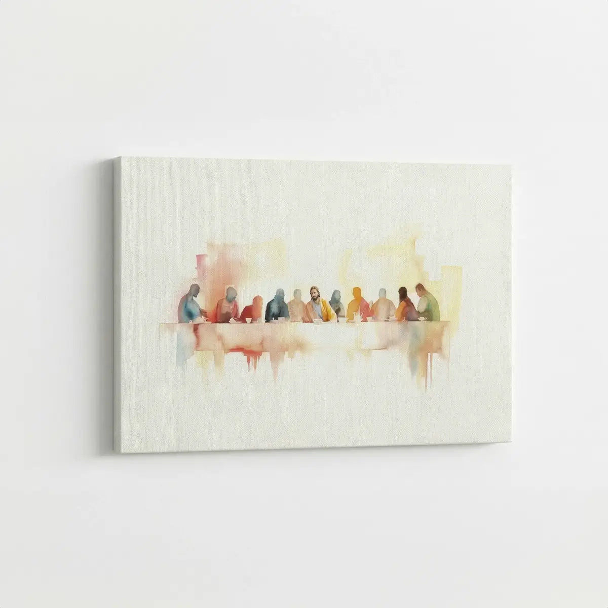 Modern watercolor Last Supper Christian canvas wall art leaning against wall in minimalist interior