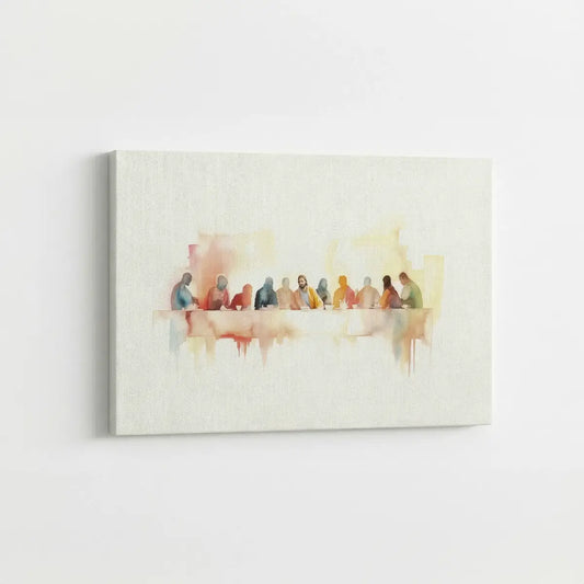 Modern watercolor Last Supper Christian canvas wall art leaning against wall in minimalist interior