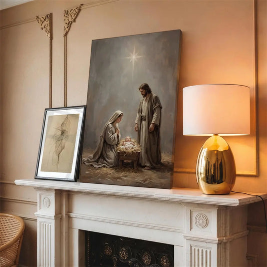Nativity of Jesus Christian canvas art with Mary Joseph and baby Jesus