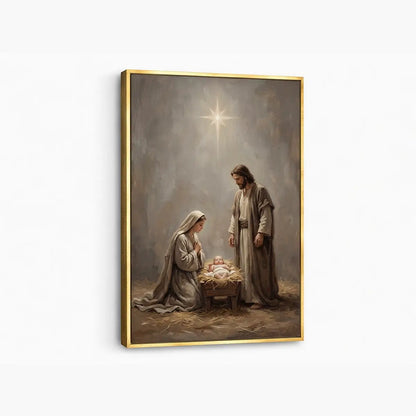 Nativity of Jesus Christian canvas art with Mary Joseph and baby Jesus