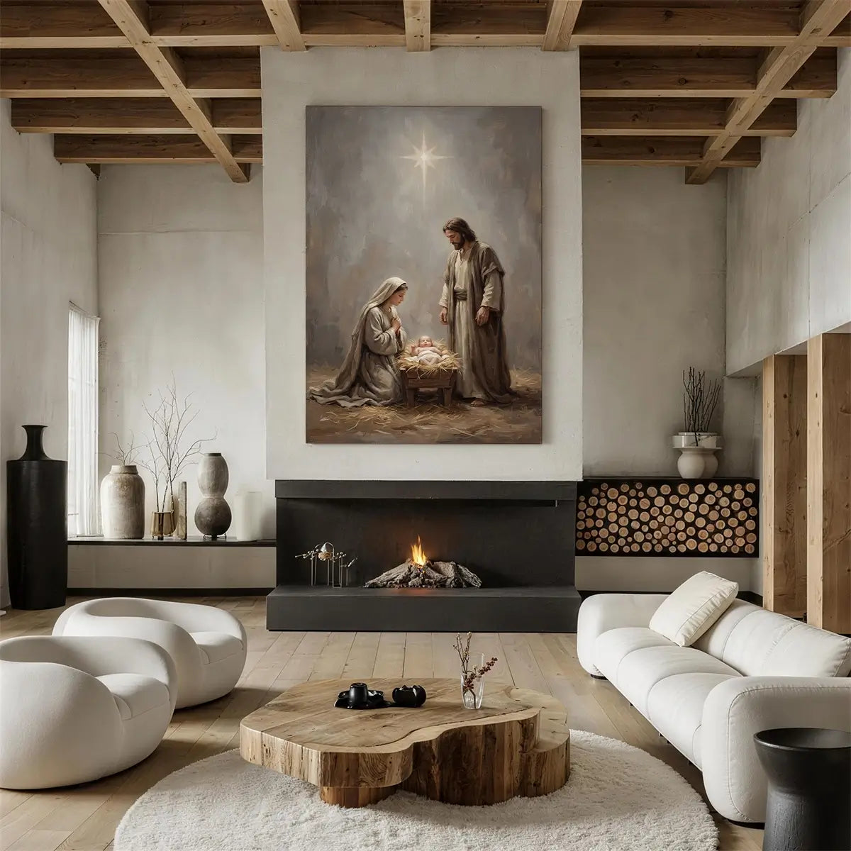 Nativity of Jesus Christian canvas art with Mary Joseph and baby Jesus