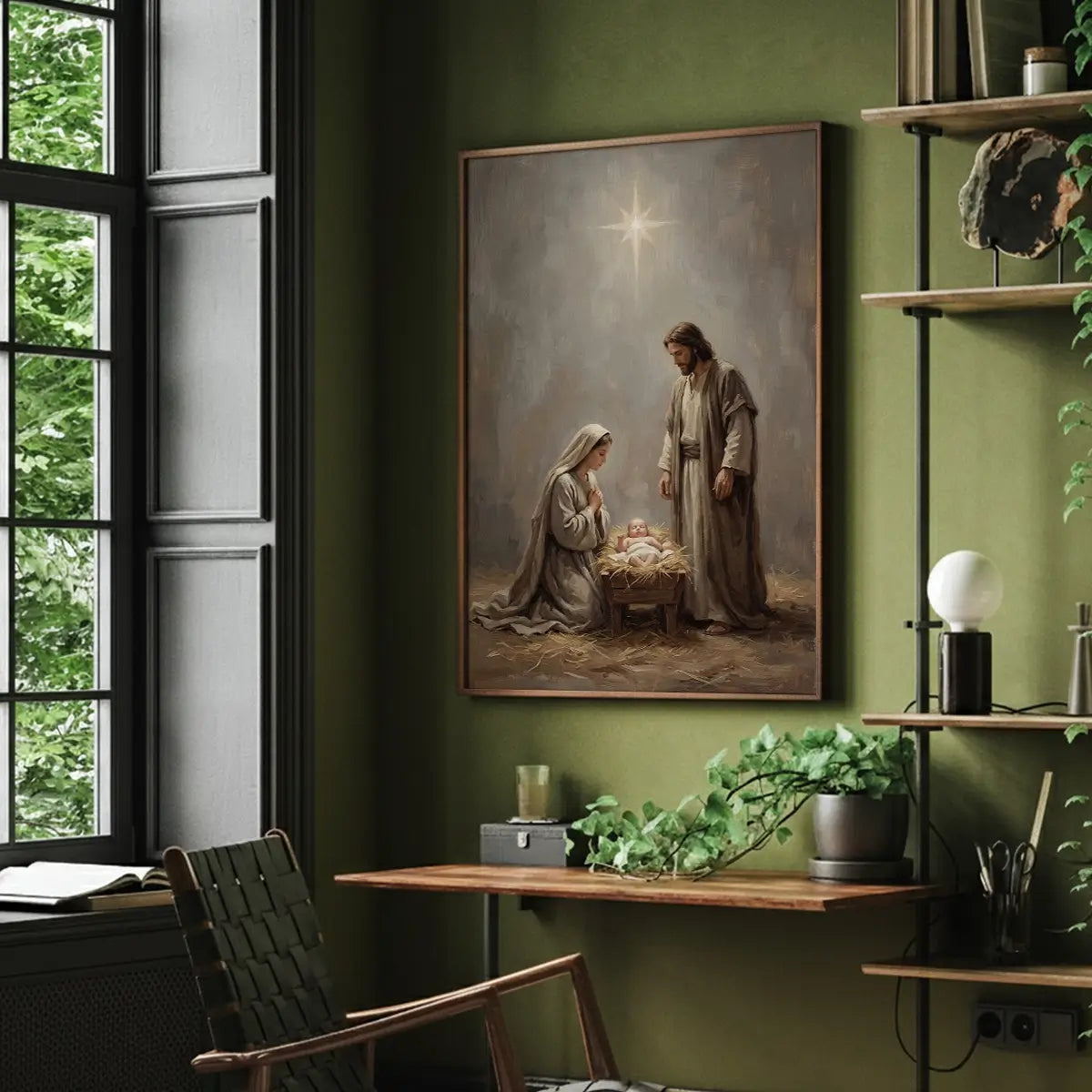 Nativity of Jesus Christian canvas art with Mary Joseph and baby Jesus