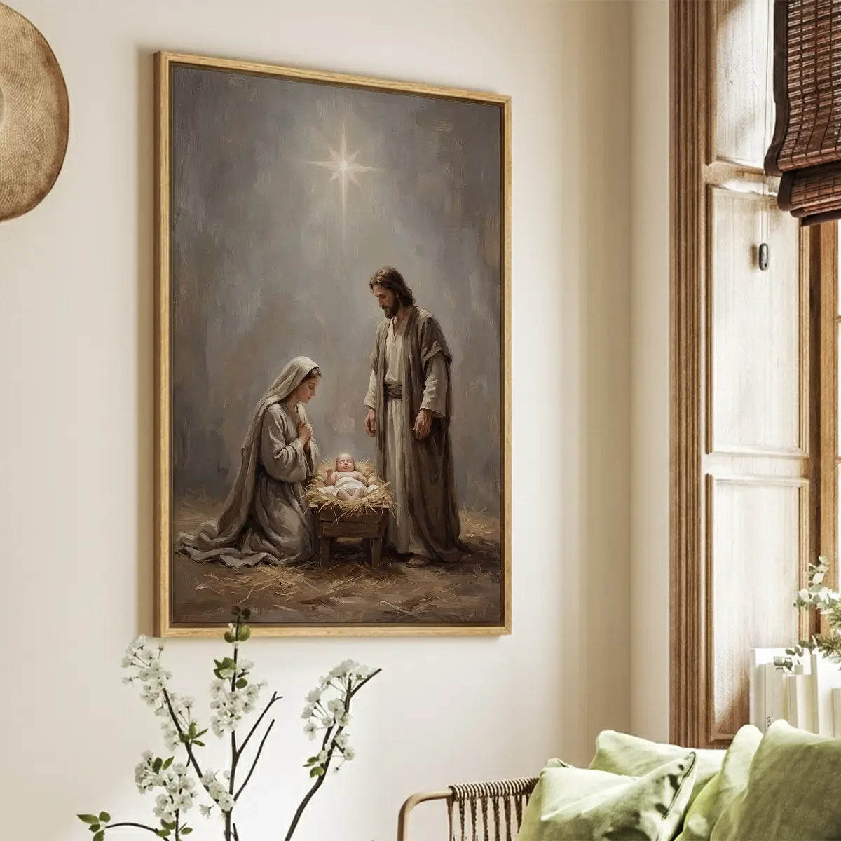 Nativity of Jesus Christian canvas art with Mary Joseph and baby Jesus