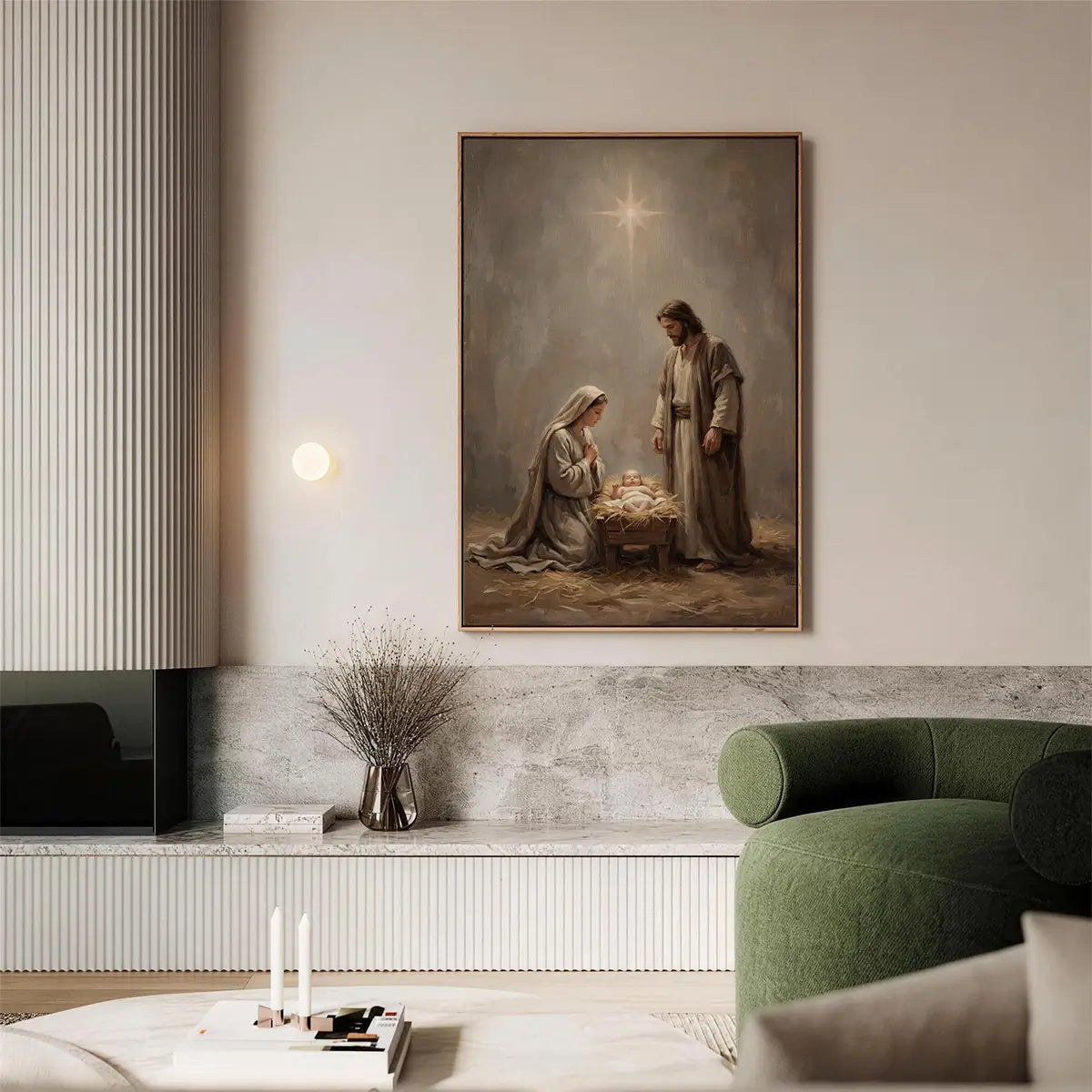 Nativity of Jesus Christian canvas art with Mary Joseph and baby Jesus