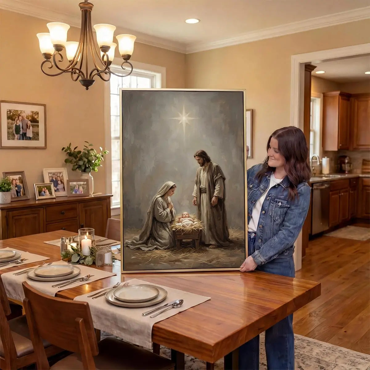 Nativity of Jesus Christian canvas art with Mary Joseph and baby Jesus