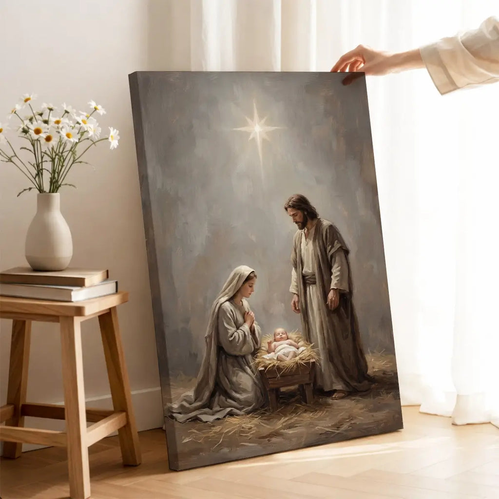 Nativity of Jesus Christian canvas art with Mary Joseph and baby Jesus