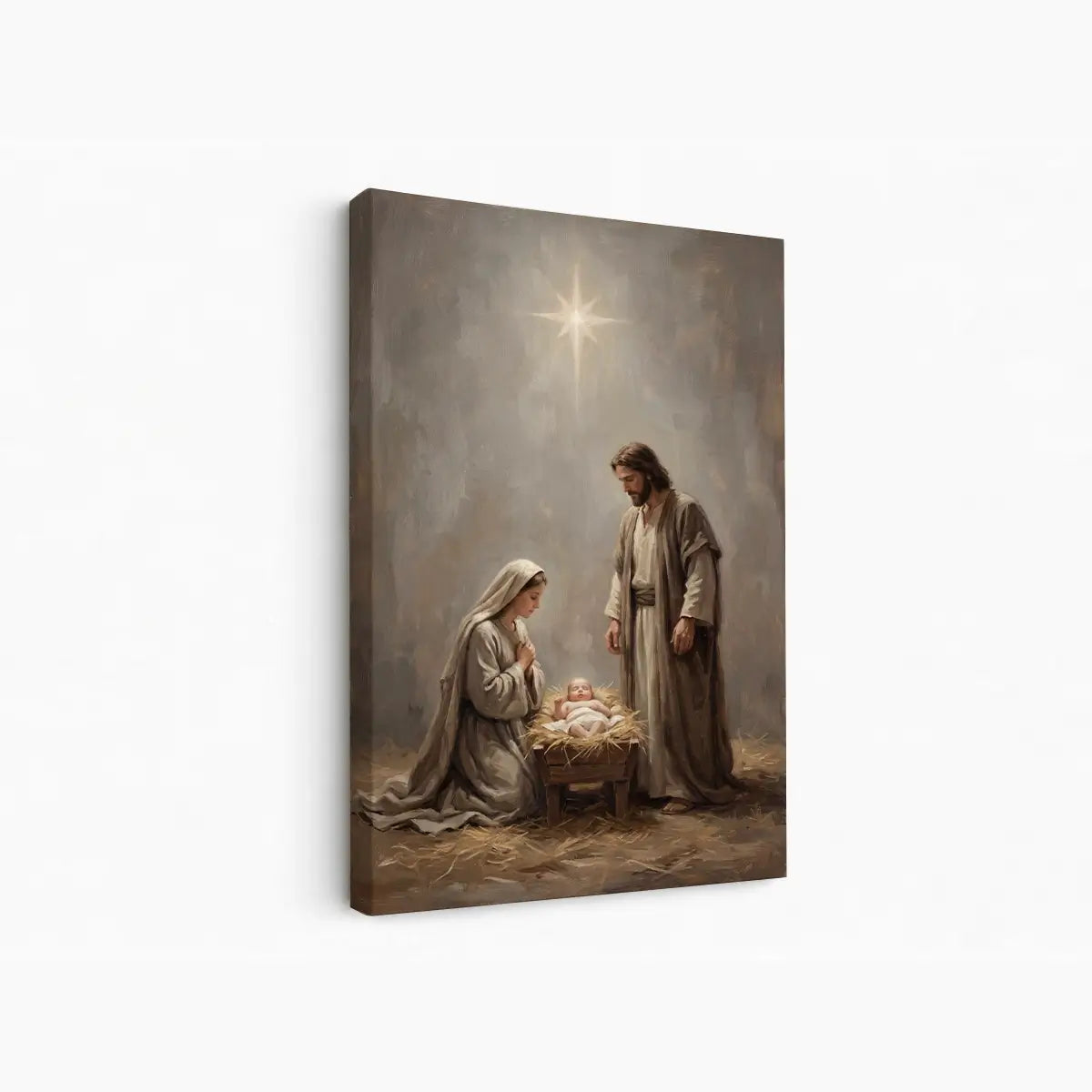 Nativity of Jesus Christian canvas art with Mary Joseph and baby Jesus