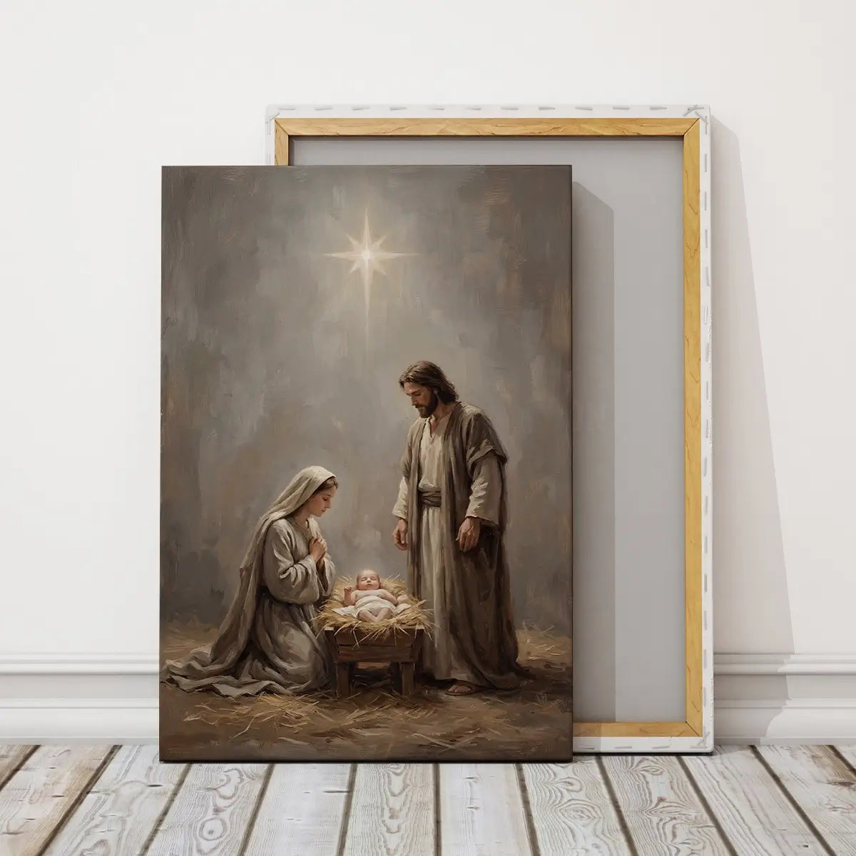 Nativity of Jesus Christian canvas art with Mary Joseph and baby Jesus