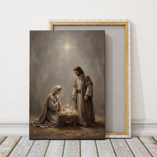 Nativity of Jesus Christian canvas art with Mary Joseph and baby Jesus
