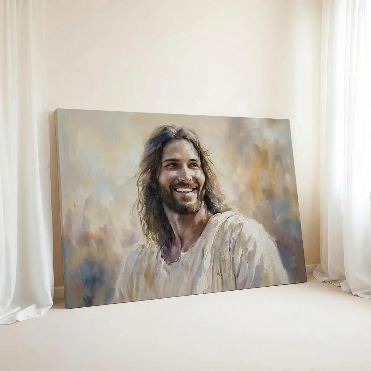 Smiling Jesus narrative Christian canvas wall art in soft painterly style