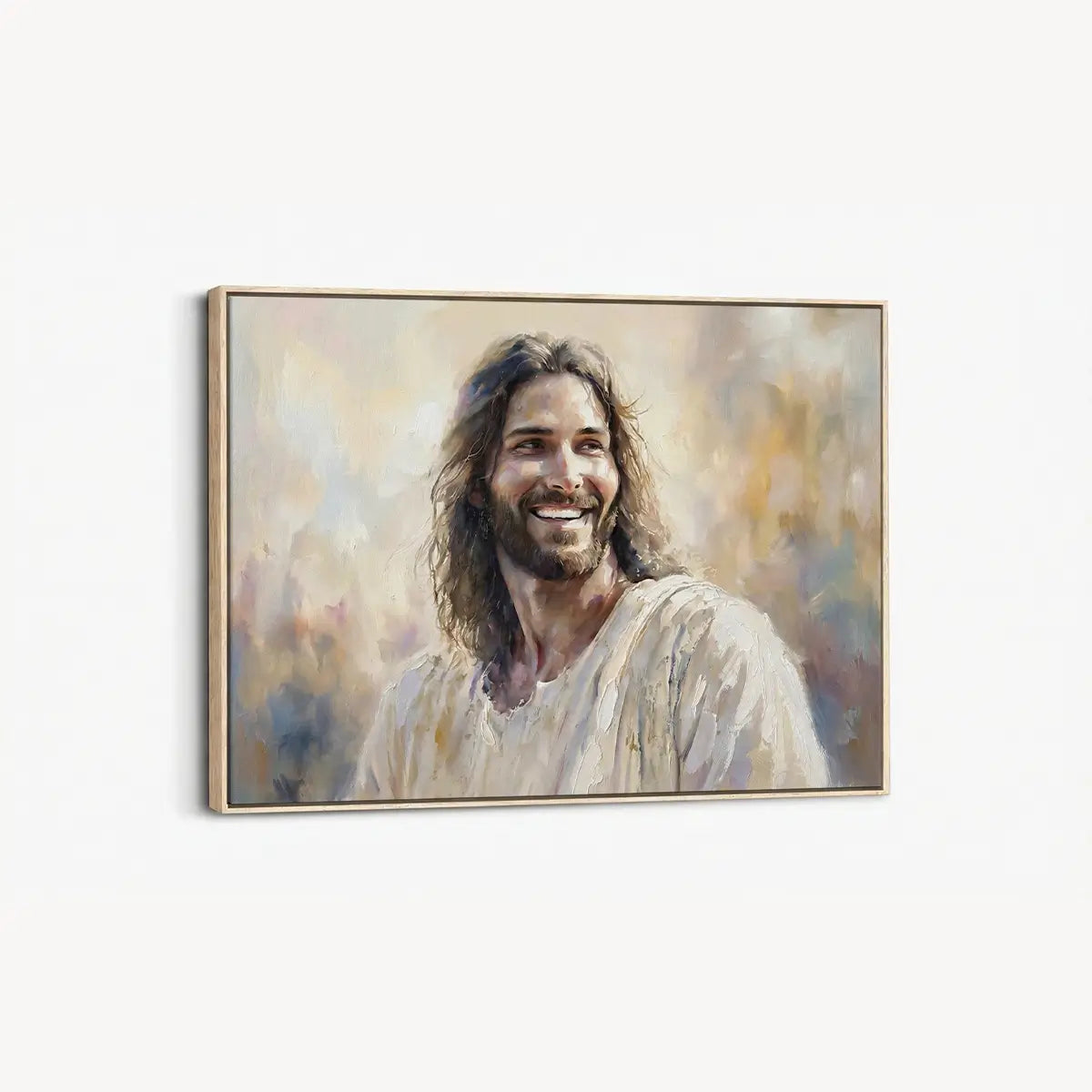 Smiling Jesus narrative Christian canvas wall art in soft painterly style