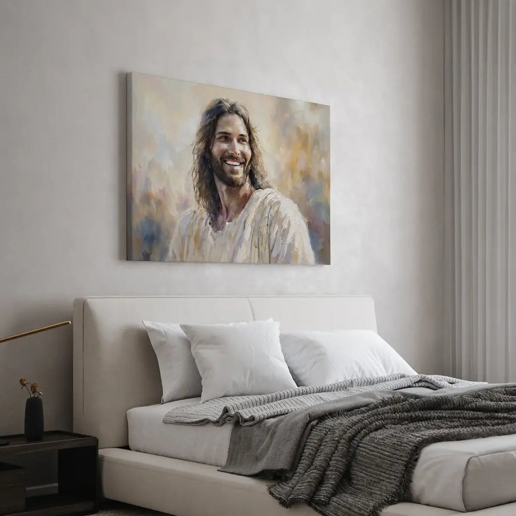 Narrative Christian canvas artwork of Jesus in a quiet prayer space