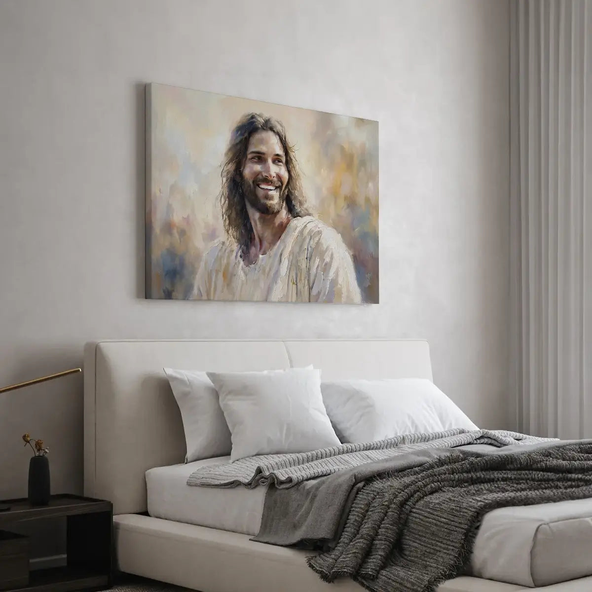 Narrative Christian canvas artwork of Jesus in a quiet prayer space