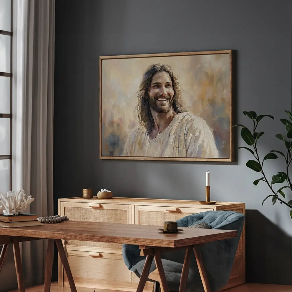 Smiling Jesus Christian wall art displayed in a peaceful living room