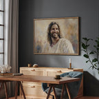 Smiling Jesus Christian wall art displayed in a peaceful living room