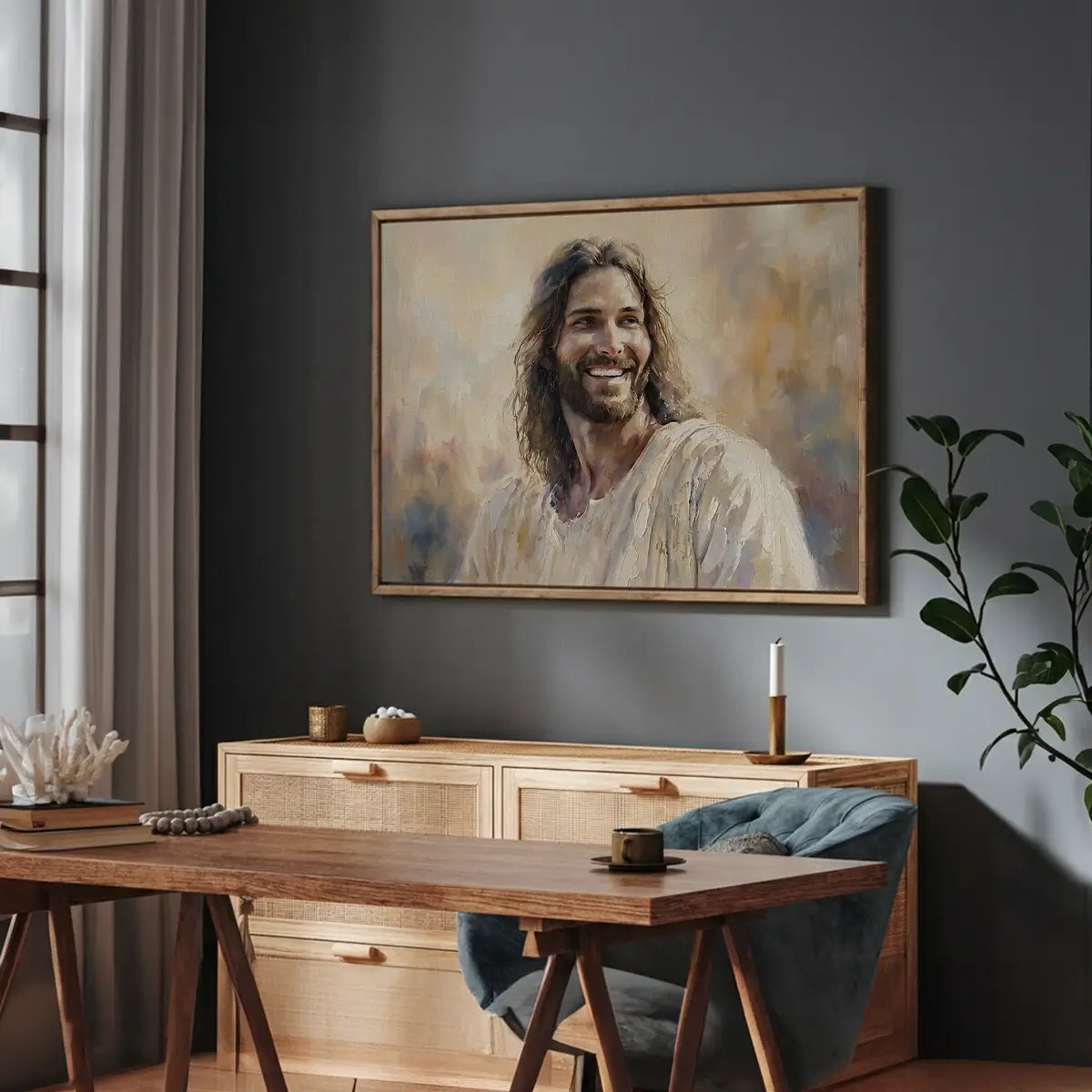 Smiling Jesus Christian wall art displayed in a peaceful living room