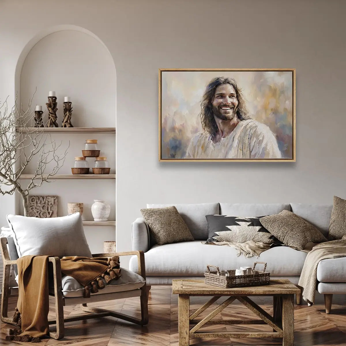 Smiling Jesus narrative Christian canvas wall art in soft painterly style