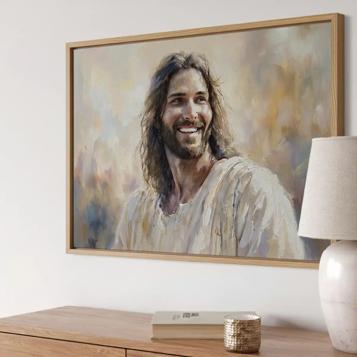 Smiling Jesus narrative Christian canvas wall art in soft painterly style