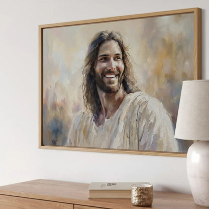 Smiling Jesus narrative Christian canvas wall art in soft painterly style