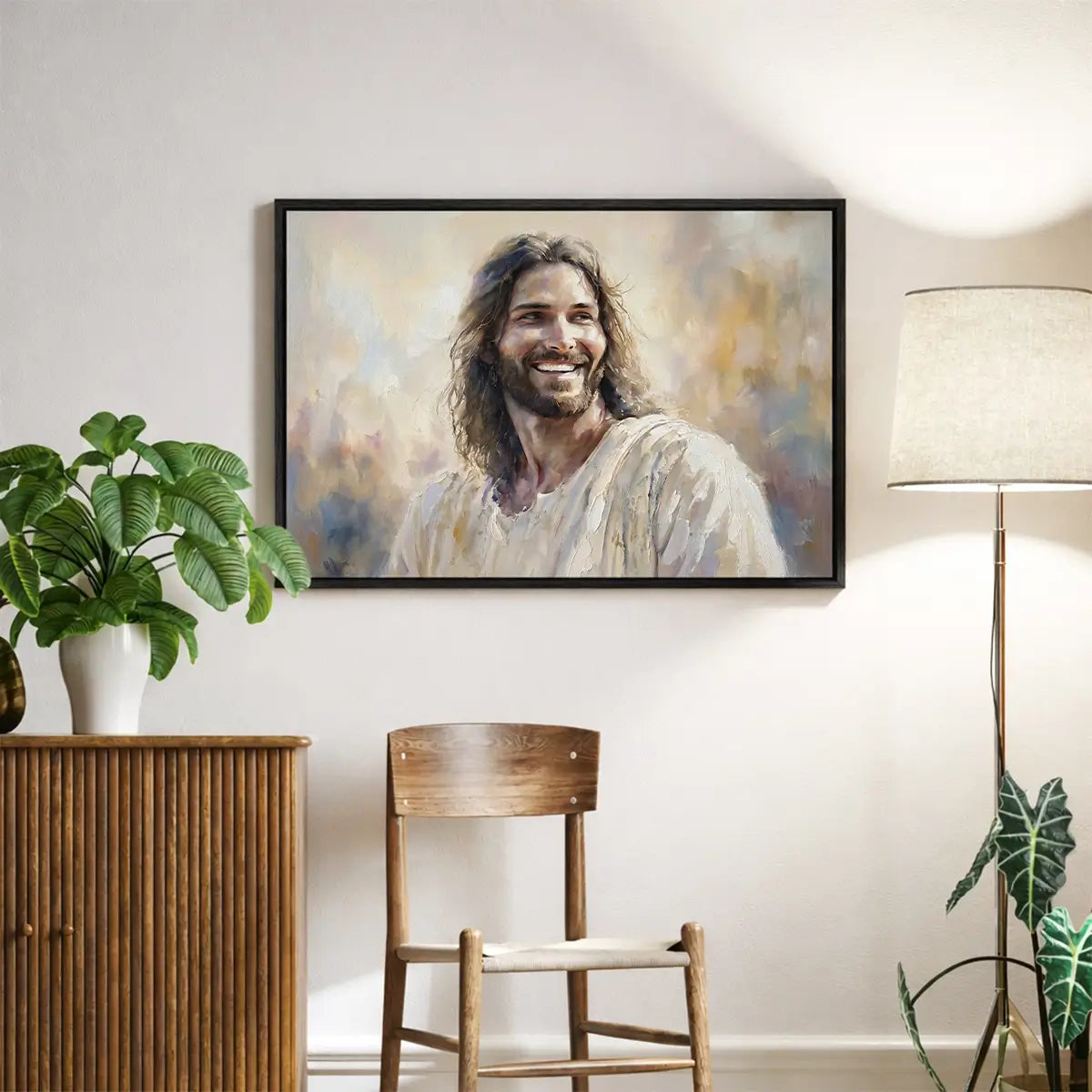 Smiling Jesus narrative Christian canvas wall art in soft painterly style