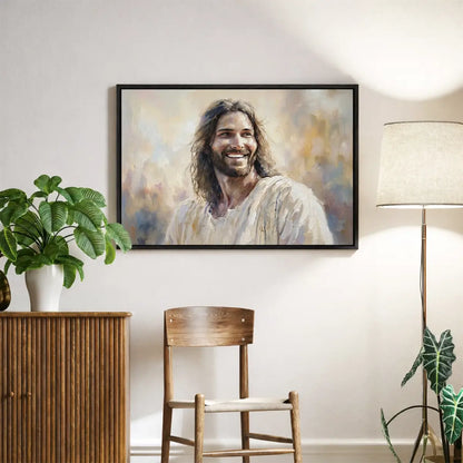 Smiling Jesus narrative Christian canvas wall art in soft painterly style