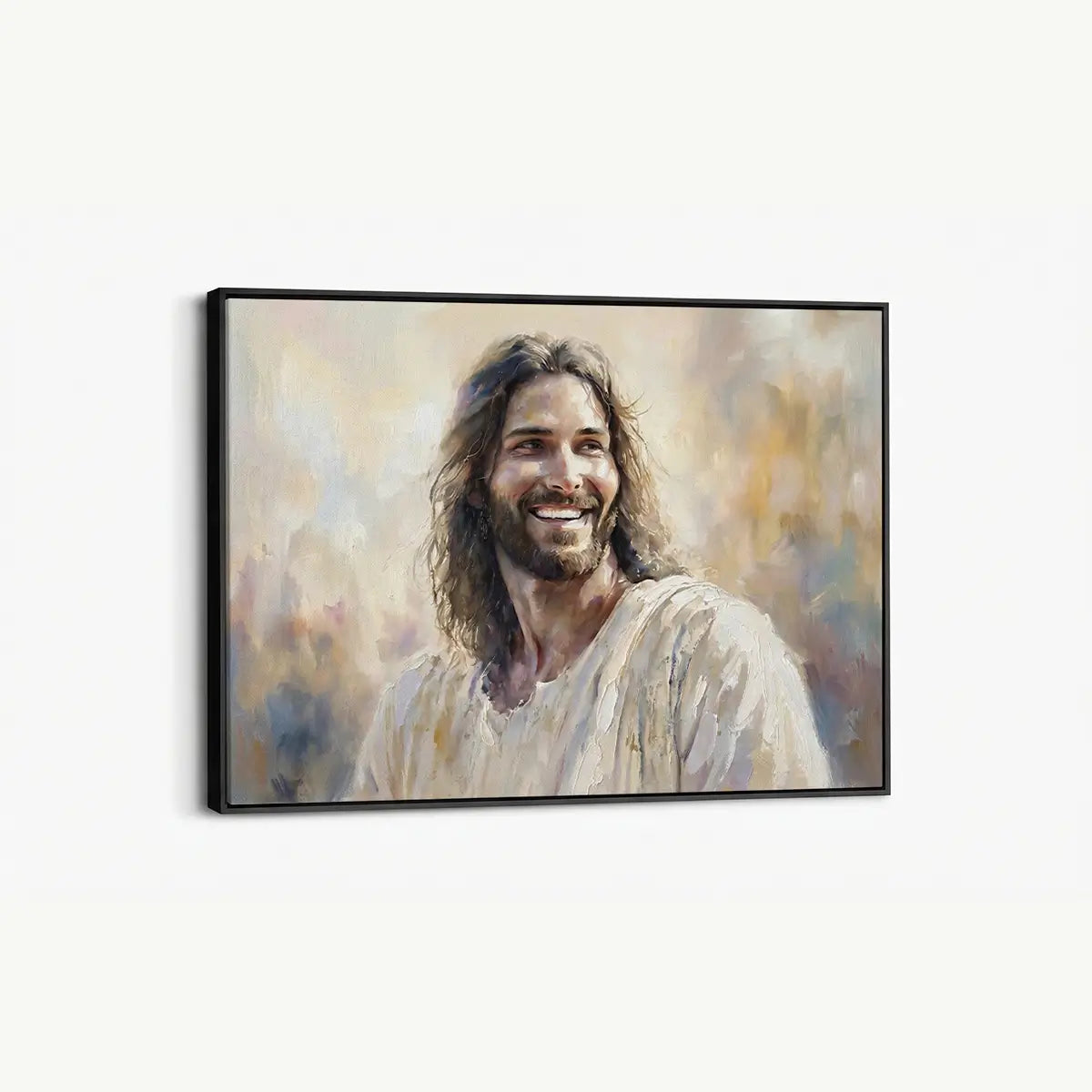 Smiling Jesus narrative Christian canvas wall art in soft painterly style