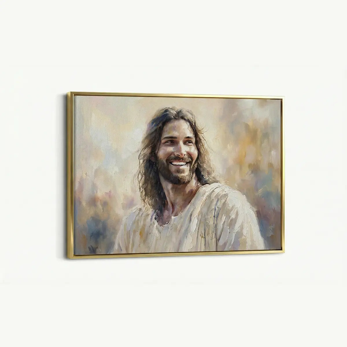 Smiling Jesus narrative Christian canvas wall art in soft painterly style