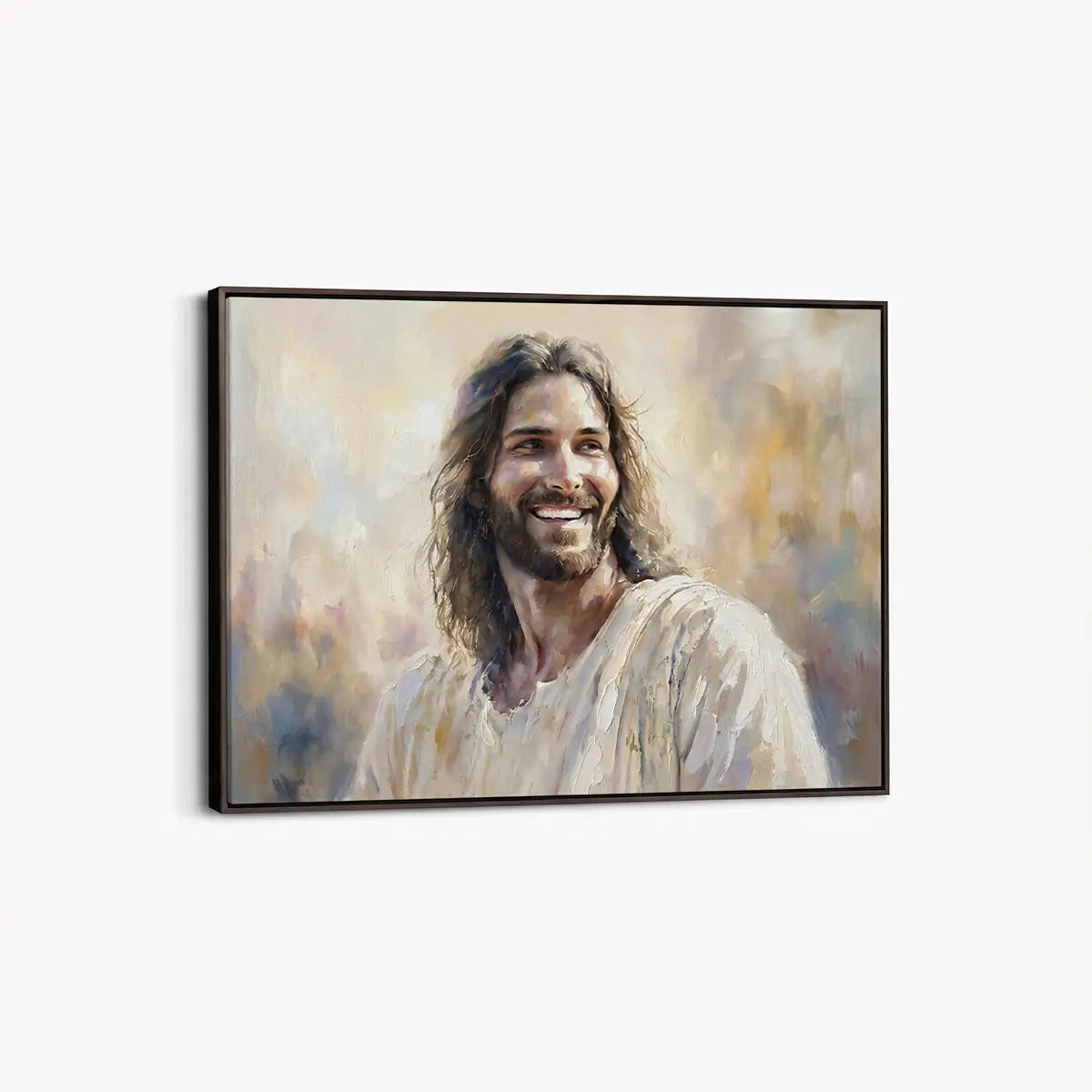 Smiling Jesus narrative Christian canvas wall art in soft painterly style