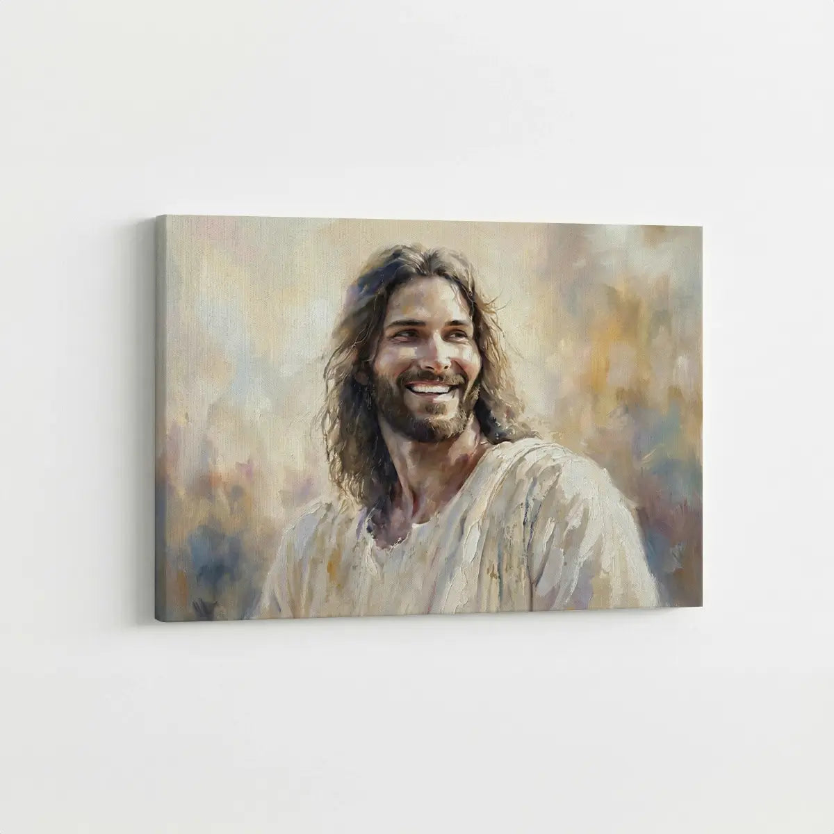 Smiling Jesus narrative Christian canvas wall art in soft painterly style